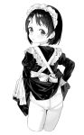  1girl ass clothes_lift djheycha dress dress_lift greyscale highres idolmaster idolmaster_cinderella_girls maid maid_headdress monochrome panties sasaki_chie short_hair simple_background underwear white_background 