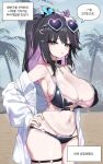  1girl abigail_(black_survival) absurdres armpits bare_shoulders bikini black_bikini black_choker black_hair black_survival breasts choker cleavage colored_inner_hair cowboy_shot eternal_return:_black_survival eyewear_on_head flower green_eyes hahyaha hair_flower hair_ornament hairclip half_updo halterneck hand_on_own_hip heart heart-shaped_eyewear highleg highleg_bikini highres jacket key korean_text large_breasts layered_bikini long_hair looking_at_viewer multicolored_hair navel off_shoulder official_alternate_costume open_clothes open_jacket parted_lips pink_bikini purple_hair skindentation solo speech_bubble stomach strap_gap streaked_hair string_bikini sunglasses swimsuit thigh_strap translation_request two-tone_hair white_jacket 