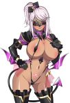  1girl areola_slip black_gloves black_thighhighs blush bow breast_suppress breasts cleavage contrapposto corruption covered_nipples cowboy_shot dark-skinned_female dark_persona dark_skin demon_tail elbow_gloves eye_mask frozen_gingasan gloves gunslinger_stratos hair_bow hand_on_own_chest hand_on_own_hip heart highres huge_breasts katagiri_kyouka large_breasts long_hair looking_at_viewer low_wings mask navel one_side_up pink_hair pubic_tattoo revealing_clothes see-through_clothes shiny_clothes simple_background slave_gear slave_visor_(tsmg_nao!) slingshot_swimsuit smile solo swimsuit tail tattoo thighhighs transparent_background ts_magical_girl_nao variant_set wings 