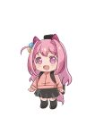  1girl :d animal_ears bandaid bandaid_on_knee bandaid_on_leg black_skirt black_socks bocchi_the_rock! brown_shoes chibi cosplay cube_hair_ornament flower-shaped_pupils full_body gotoh_hitori gotoh_hitori_(cosplay) hair_intakes hair_ornament haru_urara_(umamusume) highres horse_ears horse_girl horse_tail instrument_case jacket long_hair long_sleeves looking_at_viewer moko39_takasora one_side_up pink_hair pink_jacket pleated_skirt puffy_long_sleeves puffy_sleeves purple_eyes shoes simple_background skirt sleeves_past_wrists smile socks solo standing symbol-shaped_pupils tail track_jacket umamusume very_long_hair white_background 