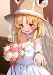  1girl bare_shoulders blonde_hair blush bouquet breasts bridal_veil bride brown_hat collarbone commentary_request commission dress flower hair_ribbon hat highres holding holding_bouquet jewelry looking_at_viewer moriya_suwako onkona_minazuki parted_bangs pink_flower pink_rose red_ribbon ribbon ring rose see-through_cleavage see-through_clothes skeb_commission sleeveless sleeveless_dress small_breasts smile solo touhou tress_ribbon upper_body veil wedding_dress wedding_ring white_dress white_flower white_rose yellow_eyes 