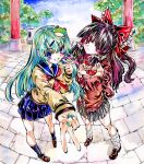 2girls alternate_costume black_skirt blue_eyes blue_sailor_collar blue_skirt blue_socks blush bow commentary_request double_v frilled_bow frilled_hair_tubes frills frog_hair_ornament green_hair green_nails grin hair_bow hair_ornament hair_tubes hakurei_reimu heart heart_hands highres kabaji kochiya_sanae loafers long_hair long_sleeves looking_at_viewer multiple_girls neckerchief outdoors pleated_skirt red_bow red_neckerchief red_sweater sailor_collar sailor_shirt school_uniform shikishi shirt shoes skirt smile snake_hair_ornament socks sweater torii touhou traditional_media v very_long_hair white_socks yellow_shirt 
