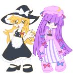  2girls absurdres apron black_dress blonde_hair blue_bow blue_ribbon blunt_bangs book bow braid capelet changing_artstyle closed_mouth commentary crescent crescent_hat_ornament dress frills full_body hair_bow hat hat_bow hat_ornament hat_ribbon highres holding holding_book kirisame_marisa long_hair looking_at_viewer mob_cap multiple_girls nanaii_desu open_mouth panty_&amp;_stocking_with_garterbelt parody patchouli_knowledge purple_eyes purple_hair red_bow red_ribbon ribbon robe simple_background striped_clothes striped_dress style_parody touhou vertical-striped_clothes vertical-striped_dress very_long_hair white_background white_bow witch_hat yellow_eyes 