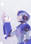  1boy android armor blue_armor blue_helmet forehead_jewel fujino_yuuki green_eyes grey_background helmet highres looking_up male_focus mega_man_(series) mega_man_x_(series) simple_background solo upper_body x_(mega_man) 