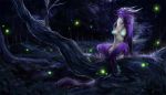  2019 anthro areola breasts detailed_background digital_media_(artwork) digitigrade dragon forest fur furred_dragon horn isvoc night nipples non-mammal_breasts nude outside purple_fur sitting solo tree 