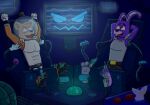 3_toes abs anthro bear belt black_clothing black_hat black_headwear black_nose black_pawpads black_top_hat blue_eyes blush bodily_fluids bonnie_(fnaf) brown_body brown_fur buckteeth claws clothing crying_laughing eyebrows feet five_nights_at_freddy&#039;s freddy_(fnaf) freddy_in_space_2 fur gloves group hands_behind_head handwear hat headgear headwear l.o.l.z.h.a.x lagomorph laugh leporid machine male mammal misterfuchs open_mouth open_smile pawpads pecs purple_body purple_fur rabbit red_eyes restrained restrained_arms restrained_feet restraints robot robot_arms scottgames smile space_helmet stocks submissive submissive_anthro submissive_male sweat tears teeth tickle_fetish tickle_torture tickling tickling_armpits tickling_feet tickling_machine tickling_toes toe_claws toes tongue top_hat trio whisker_spots white_clothing white_gloves white_handwear