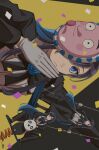  1girl ado_(utaite) black_bow black_bowtie black_coat black_pants blue_eyes blue_flower blue_hair blue_rose bow bowtie brooch chando_(ado) closed_mouth coat commentary confetti ego_rock_(vocaloid) flower flower_brooch highres jewelry keeko_(kk_0012) long_hair mask mask_on_head multiple_views on_swing pants rose shirt sideways swing utaite white_shirt 