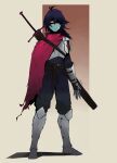  1other aged_up antenna_hair armor artist_name belt black_belt blue_hair blue_skin breastplate cape colored_skin commentary deltarune english_commentary expressionless facial_hair full_body gauntlets goatee_stubble greaves hair_between_eyes heart heart_print highres kris_(dark_world)_(deltarune) kris_(deltarune) looking_at_viewer mechamichal medium_hair one_eye_in_shadow pink_cape red_eyes sabaton shaded_face shoulder_strap solo stubble sword sword_on_back two-tone_background weapon weapon_on_back 