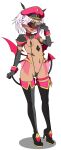  1girl absurdres black_gloves blush boots breasts corruption dark-skinned_female dark_persona dark_skin demon_girl demon_tail demon_wings elbow_gloves frozen_gingasan full_body gloves gunslinger_stratos hat high_heels highres low_wings mask navel open_mouth pink_hair pubic_tattoo revealing_clothes shinou_matsurika short_hair simple_background slave_gear slave_visor_(tsmg_nao!) slingshot_swimsuit small_breasts smile solo standing swimsuit tail tattoo thigh_boots thighhighs ts_magical_girl_nao twintails variant_set white_background wings 