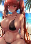  1girl azur_lane bangs bare_shoulders beach bikini black_bikini black_ribbon blue_sky blush breasts cleavage closed_mouth collarbone day eyebrows_visible_through_hair groin hair_ribbon hand_up highres honolulu_(azur_lane) large_breasts long_hair looking_at_viewer ocean outdoors red_eyes red_hair ribbon sand shade sidelocks skindentation sky solo sunlight swimsuit takanotsume twintails 