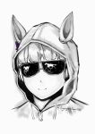  1girl alternate_costume animal_ears blunt_bangs bow closed_mouth cosplay english_commentary gold_ship_(umamusume) greyscale hair_bow highres hood hoodie horse horse_ears horse_girl medium_request monochrome nguyensoai portrait purple_bow reflection reflective_eyewear silhouette simple_background sketch smile solo spot_color sunglasses ted_kaczynski ted_kaczynski_(cosplay) twitter_username umamusume 