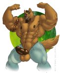  beard biceps big_penis bottomwear brown_fur canid canine canis clothed clothing erection facial_hair flexing fur green_eyes huge_muscles kihu male mammal muscular muscular_male nipples pants partially_clothed pecs penis solo tattoo tight_bottomwear tight_clothing tight_pants topless tremorwolf wolf 