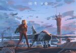  1girl absurdres air_traffic_control aircraft airplane armored_personnel_carrier armored_vehicle commentary english_commentary fighter_jet german_flag hand_on_own_hip highres long_hair mecha_pilot_suit military_base military_vehicle motor_vehicle neon_genesis_evangelion nerv orange_hair outdoors plugsuit_(evangelion) scenery signature solo souryuu_asuka_langley standing sunset tower united_nations user_kyxw3427 vehicle_request walking 