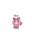  1girl :3 absurdres animal_ears blush_stickers bow buruma chibi closed_mouth commentary ear_bow flower-shaped_pupils full_body gameplay_mechanics gloves gym_shirt gym_uniform hairband haru_urara_(umamusume) highres horse_ears horse_girl horse_tail jacket moko39_takasora open_clothes open_jacket pink_hair ponytail purple_eyes red_buruma red_gloves red_hairband shirt shoes simple_background solo standing symbol-shaped_pupils tail umamusume white_background white_bow white_jacket white_shirt white_shoes 