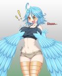  ! avian big_breasts blue_eyebrows blue_feathers blue_hair blue_wings bottomwear breasts brown_eyes clothing crop_top digital_media_(artwork) eyebrows eyelashes feathered_wings feathers female gradient_background grey_background hair harpy humanoid kionant monster_musume navel open_mouth open_smile pale_skin papi_(monster_musume) portrait shirt shorts signature simple_background smile solo tank_top text three-quarter_portrait topwear winged_arms winged_humanoid wings 