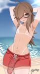  1boy absurdres ahoge armpits arms_behind_head arms_up artist_name beach blue_sky blurry blurry_background blush brown_eyes brown_hair collarbone commentary cowboy_shot day english_commentary glasses hair_over_one_eye highres large_penis long_hair looking_at_viewer male_swimwear meganethings mole mole_on_armpit mole_on_nipple mole_on_stomach mole_under_eye multiple_moles navel nipples ocean one_eye_covered open_mouth original outdoors parted_bangs penis precum red_male_swimwear red_swim_trunks semi-rimless_eyewear sky solo standing swim_trunks tan tanlines teeth trap under-rim_eyewear upper_teeth_only veins veiny_penis 