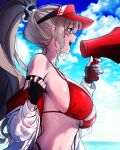  1girl absurdres barcode barcode_tattoo bikini black_gloves blue_sky blush breasts cloud commentary_request day dungeon_and_fighter ella_(dungeon_and_fighter) facial_tattoo fingerless_gloves from_side gloves grey_hair hair_ornament hand_up hat highres holding holding_megaphone horizon jacket jacket_partially_removed korean_commentary large_breasts lifeguard long_hair long_sleeves looking_ahead megaphone navel ocean open_mouth outdoors ponytail red_bikini red_hat roan_green sidelocks sky solo swimsuit tattoo upper_body visor_cap white_jacket 