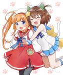  2girls :d absurdres ahoge animal_ears animal_hat bandaid bandaid_on_knee bandaid_on_leg bell black_pantyhose blue_eyes blue_ribbon blue_sailor_collar blue_sky bow brown_hair cat_ears cat_hat closed_eyes etotama fang fluffy_hair hair_ornament happy hat highres hug hug_from_behind imminent_hug jingle_bell jumping long_hair long_sidelocks long_sleeves miniskirt multiple_girls naa-tan neck_ribbon nyaa-tan orange_hair pantyhose paw_print paw_print_background red_sailor_collar red_skirt ribbon sailor_collar sailor_hat short_hair sidelocks skirt sky sleeveless smile socks star_(symbol) star_hair_ornament straight_hair swept_bangs twintails umyao_(umyaooon) yellow_bow 