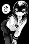  1boy black_background blush check_commentary commentary_request crossdressing crossdressing_(mtf) finger_to_mouth flower hair_flower hair_ornament hand_on_own_thigh highres leaning_forward long_sleeves mars_symbol miniskirt original pantyhose pleated_skirt ribbon school_uniform serafuku short_hair simple_background skirt smile smug speech_bubble teeth trap vae 