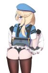  1girl absurdres ass beret black_gloves black_panties blonde_hair blue_eyes blue_jacket blush braid clothes_lift clothes_pull dress dress_lift embarrassed fingerless_gloves freckles from_behind girls&#039;_frontline girls&#039;_frontline_2:_exilium gloves hair_ornament hairclip hat highres jacket leaning_forward long_hair looking_at_viewer looking_back nervous_smile panties pantyhose pantyhose_pull papasha_(girls&#039;_frontline_2) ppsh-41_(girls&#039;_frontline) presenting risu_(risu028) smile solo standing thighs underwear wavy_mouth white_dress 