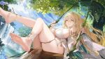  1girl absurdres azur_lane bare_shoulders barefoot blonde_hair breasts cleavage copyright_notice dated day dutch_text elf english_commentary feet from_below gouden_leeuw_(azur_lane) highres jewelry large_breasts legs_up long_hair looking_at_viewer mo:oku mole mole_under_eye nature no_panties off_shoulder official_art outdoors parted_lips pelvic_curtain pointy_ears purple_eyes revealing_clothes second-party_source see-through_clothes see-through_pelvic_curtain skindentation soles solo swing thighlet thighs toes tree very_long_hair world_of_warships 