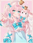  1girl alternate_costume aqua_bow aqua_bowtie aqua_eyes blue_skirt blush bow bowtie crown hair_between_eyes hair_bow hat highres honkai:_star_rail honkai_(series) hyacine_(honkai:_star_rail) jacket little_ica_(honkai:_star_rail) long_hair long_sleeves pink_background pink_hair pink_hat pink_jacket pochimaru_(marumaru_wanwan) shirt simple_background skirt smile solo teeth twintails unicorn white_shirt 