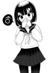  1boy blush covering_own_mouth crossdressing crossdressing_(mtf) flower hair_flower hair_ornament highres long_sleeves mars_symbol miniskirt monochrome original pantyhose pleated_skirt ribbon school_uniform serafuku simple_background skirt smile speech_bubble thought_bubble trap vae white_background 