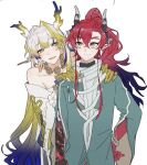  1boy 1girl :d arknights bare_shoulders beads behind_another blonde_hair brother_and_sister closed_mouth coat colored_extremities cowboy_shot dragon_girl dragon_horns earrings fingernails gradient_hair green_eyes grey_coat hair_between_eyes hair_intakes hand_on_own_hip hands_on_another&#039;s_shoulders horns jewelry long_hair looking_at_another looking_at_viewer multicolored_hair necklace notf_404 off_shoulder open_mouth pointy_ears purple_hair red_hair shu_(arknights) siblings simple_background smile split_mouth standing very_long_hair white_background white_hair yu_(arknights) 