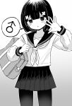 1boy bag black_background blush crossdressing crossdressing_(mtf) flower gradient_background grey_background hair_flower hair_ornament highres long_sleeves miniskirt monochrome open_mouth original pantyhose pleated_skirt ribbon school_bag school_uniform serafuku simple_background skirt speech_bubble sweatdrop trap vae waving white_background 
