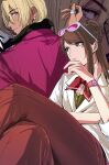  1boy 1girl ace_attorney amikoiiko apollo_justice:_ace_attorney arm_up black_shirt blonde_hair blue_eyes brown_hair brown_pants chain chain_necklace crossed_legs dark-skinned_male dark_skin dress_shirt earrings ema_skye eyewear_on_head fingernails green_vest half_updo hand_on_own_arm hand_on_own_chin highres initial jacket jewelry klavier_gavin lab_coat lapels light_smile long_hair long_sleeves looking_at_another looking_back medium_hair middle_ring mismatched_eyebrows multiple_rings neckerchief necklace notched_lapels pants pink-tinted_eyewear pink_lips pink_shirt popped_collar purple_jacket red_neckerchief ring round_eyewear shirt single_earring sleeves_rolled_up suit_jacket sunglasses thumb_ring tinted_eyewear upper_body vest waistcoat watch white-framed_eyewear white_background wristwatch zoom_layer 