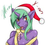 anthro breasts candy candy_cane christmas christmas_clothing christmas_headwear clothing dessert equid equine eyebrows fan_character female food green_eyebrows green_hair hair hasbro hat headgear headwear holidays horn mammal my_little_pony mythological_creature mythological_equine mythology orange_eyes pi9o pink_tongue ribbons santa_hat simple_background solo tongue tongue_out unicorn white_background