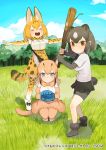  3girls animal_ears bare_shoulders baseball_mitt bear_ears bear_tail belt bike_shorts blonde_hair blue_eyes boots bow bowtie brown_bear_(kemono_friends) brown_eyes brown_hair caracal_(kemono_friends) caracal_ears caracal_tail closed_eyes collared_shirt commentary_request eyebrows_visible_through_hair fur_trim gloves high-waist_skirt kemono_friends kemono_friends3 light_brown_hair logo long_hair multiple_girls official_art outstretched_arms pleated_skirt print_gloves print_neckwear print_skirt serval_(kemono_friends) serval_ears serval_print serval_tail shirt short_hair short_sleeves skirt sleeveless squatting t-shirt tail thighhighs v-shaped_eyebrows white_hair zettai_ryouiki 