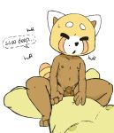  2019 aggressive_retsuko ailurid anal anal_penetration anthro balls belly black_nose bodily_fluids breath cowgirl_position dialogue duo english_text eyes_closed faceless_male fernut flaccid fur hand_on_stomach humanoid_penis lying male male/male male_penetrating mammal mole_(marking) navel nipples nude on_back on_top panting penetration penis red_panda resasuke sanrio sex sitting slightly_chubby solo_focus speech_bubble spread_legs spreading sweat text uncut 