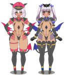  2girls areola_slip black_gloves blush boots breasts cameltoe corruption covered_nipples dark-skinned_female dark_persona dark_skin demon_girl demon_tail demon_wings elbow_gloves frozen_gingasan full_body gloves gunslinger_stratos hat highres long_hair looking_at_viewer medium_breasts multiple_girls navel open_mouth pink_hair pubic_tattoo revealing_clothes rindou_shizune shinou_matsurika simple_background slave_gear slingshot_swimsuit small_breasts smile standing swimsuit tail tattoo thigh_boots thighhighs thighs ts_magical_girl_nao twintails white_background white_hair wings yellow_eyes 