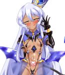  1girl :q black_gloves blush breasts cameltoe corruption covered_nipples dark-skinned_female dark_skin demon_tail fellatio_gesture genderswap genderswap_(mtf) gloves hat logia13laplace long_hair looking_at_viewer low_wings naughty_face navel ok_sign pubic_tattoo sentai_red_ga_isekai_de_boukensha_ni_naru simple_background slave_gear slingshot_swimsuit small_breasts smile solo swimsuit tail tattoo teltina_liz_wagrel_alvarost tongue tongue_out ts_magical_girl_nao very_long_hair white_background wings yellow_eyes 