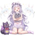  2girls :d animal arched_bangs bandaid bandaid_on_leg blush chibi closed_eyes frilled_thigh_strap giant_isopod hat highres holding holding_animal hololive long_hair multiple_girls munuu murasaki_shion murasaki_shion_(8th_costume) navel nightcap pink_socks purple_hair see-through_nightgown shiokko_(murasaki_shion) shorts sitting smile socks solo_focus sparkle straight-on teeth thigh_strap upper_teeth_only usada_pekora very_long_hair wariza white_background white_shorts 