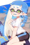  1girl berisuno_(beriberi0707) bike_shorts black_shorts blue_hair blush braid commentary_request eyelashes green_eyes highres hot in-universe_location ink_tank_(splatoon) inkling inkling_girl inkling_player_character long_hair looking_at_viewer pointy_ears shirt shorts single_braid solo splatoon_(series) splatoon_3 splattershot_(splatoon) sweat tentacle_hair white_shirt 