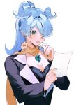  1girl ace_attorney aqua_eyes aqua_nails blue_hair breasts cleavage cosplay earrings elira_pendora english_commentary flowersforji glint hair_intakes hair_over_one_eye head_wings high_ponytail highres holding holding_paper jewelry light_blush mia_fey mia_fey_(cosplay) nijisanji nijisanji_en paper parted_lips ponytail scarf simple_background solo suit virtual_youtuber white_background wings 