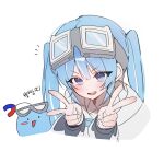  arahashi_tabi artist_request blue_eyes blue_hair double_v goggles goggles_on_head hair_between_eyes highres korean_text long_hair simple_background stellive twintails v virtual_youtuber white_background 