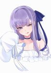  1girl :q absurdres artist_name bare_shoulders bikini bikini_top_only blue_bow blue_bowtie blue_choker bow bowtie bra choker collarbone fate/grand_order fate_(series) frilled_bra frills hair_bow highres long_hair long_sleeves looking_at_viewer mcho_u meltryllis_(fate) meltryllis_(swimsuit_lancer)_(fate) meltryllis_(swimsuit_lancer)_(third_ascension)_(fate) puffy_long_sleeves puffy_sleeves purple_eyes purple_hair solo swimsuit tongue tongue_out underwear upper_body 