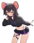  1girl absurdres animal_ears black_skirt blush bonnou_peace bra bra_peek breasts brown_hair collar collarbone commentary_request commission cowboy_shot cowlick crop_top drawstring fingernails hair_ornament hairclip highres hood hoodie long_sleeves looking_at_viewer medium_hair miniskirt mouse_ears multicolored_skirt navel original purple_collar purple_skirt sharp_fingernails sidelocks skeb_commission skindentation skirt small_breasts smile solo standing underwear white_background yellow_eyes 