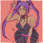  1girl ;d alternate_costume alternate_hairstyle aqua_nails artist_name bare_shoulders bead_bracelet beads black_dress black_ribbon black_scrunchie bleach border bracelet breasts cleavage collarbone commentary_request cowboy_shot dark-skinned_female dark_skin doodle_inset dress eyeshadow film_grain grin hair_ornament hair_scrunchie hand_up highres jewelry large_breasts long_hair looking_at_viewer makeup nail_polish neck_ribbon one_eye_closed outside_border parted_bangs pink_background pink_lips purple_hair ribbon scrunchie shihouin_yoruichi sidelocks simple_background sleeveless sleeveless_dress smile solo spaghetti_strap strikek-lvvjm27 twintails v-shaped_eyebrows very_long_hair white_border yellow_eyes 