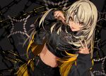  1girl :p belt black_belt black_jacket black_nails black_shirt black_skirt blonde_hair braid chain chain_necklace copyright_name cowboy_shot cropped_shirt dark-skinned_female dark_skin double_v dutch_angle earrings hair_ornament highres jacket jewelry kaminari_qpi kaminari_qpi_(5th_costume) lightning_bolt_hair_ornament lightning_bolt_symbol long_hair looking_at_viewer midriff multicolored_jacket multicolored_nails multicolored_skirt necklace official_alternate_costume orange_eyes plaid_clothes plaid_skirt pokimari sample_watermark shirt skirt sleeves_past_wrists solo tongue tongue_out v virtual_youtuber vspo! watermark yellow_jacket yellow_nails yellow_skirt zipper zipper_pull_tab 