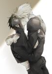  2boys armor arms_around_back belt blurry closed_eyes clothes_lift cloud_strife cropped_jacket dated depth_of_field earrings final_fantasy final_fantasy_vii final_fantasy_viii from_side fur-trimmed_jacket fur_trim gloves greyscale hand_on_another&#039;s_ass hand_on_another&#039;s_back hand_on_another&#039;s_neck highres jacket jewelry kiss lily_(shio1006) long_sleeves male_focus monochrome multiple_boys necklace pants pauldrons shirt shirt_lift short_hair shoulder_armor signature spiked_hair squall_leonhart translation_request upper_body vest wide_sleeves yaoi 