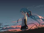  1girl absurdres arm_tattoo bare_shoulders blue_eyes blue_hair blue_sky cloud commentary detached_sleeves dusk from_side gradient_sky grass half-closed_eyes hashtag-only_commentary hatsune_miku highres long_hair melit mountainous_horizon necktie orange_sky outdoors pixel_art plain profile shirt skirt sky sleeveless solo tattoo twintails vocaloid 