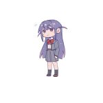  1girl :| arm_at_side black_socks blunt_bangs blush_stickers bow bowtie brown_shoes chinese_commentary closed_mouth commentary_request deformed grey_jacket grey_skirt highres invisible_floor jacket kneehighs long_hair looking_ahead negative_space notice_lines open_clothes open_jacket pleated_skirt purple_eyes purple_hair red_bow red_bowtie rei931218 school_uniform seishou_music_academy_uniform shirt shoes shoujo_kageki_revue_starlight sidelocks skirt socks solo standing tsuyuzaki_mahiru two_side_up very_long_hair white_shirt 