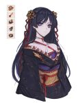  1boy alternate_costume alternate_hair_length alternate_hairstyle androgynous arms_at_sides black_hair black_kimono black_sleeves blunt_ends choker closed_mouth criss-cross_halter cropped_legs crossdressing crossdressing_(mtf) eyeliner eyeshadow floral_print floral_print_kimono flower genshin_impact hair_ornament halterneck highres japanese_clothes juban kimono long_hair looking_at_viewer makeup male_focus multicolored_hair obi obiage obijime off_shoulder official_art_inset print_kimono purple_eyes purple_pupils purple_undershirt red_eyeliner red_eyeshadow red_flower sash scaramouche_(genshin_impact) sgm618 solo split_mouth streaked_hair tears twitter_username white_choker wide_sleeves wispy_bangs yellow_kimono 