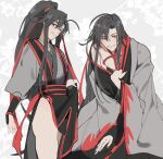  2boys ahoge androgynous bare_legs bishounen black_eyes black_hair black_hanfu blush chinese_clothes clothes_lift coat coat_partially_removed collarbone dual_persona eunram floral_background flower grey_coat grin hair_between_eyes hair_down hair_ribbon half_updo hanfu high_ponytail kneeling korean_commentary lifting_own_clothes long_hair long_sleeves looking_at_viewer male_focus modao_zushi multiple_boys nipples off_shoulder official_alternate_costume official_alternate_hairstyle open_clothes open_coat open_robe parted_bangs parted_lips pectorals ponytail red_eyes red_ribbon red_rope ribbon robe rope sash shibari shibari_under_clothes sidelocks simple_background single_bare_shoulder sleeves_past_wrists smile standing thighs trap tunic very_long_hair wei_wuxian wei_wuxian_(yiling_laozu) white_background wide_sleeves 