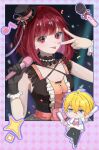  1boy 1girl aquakana_love arima_kana black_choker black_dress black_gloves black_pants choker collarbone dress gloves heart heart_print highres holding holding_microphone hoshino_aquamarine looking_at_viewer medium_hair microphone oshi_no_ko pants print_shirt red_eyes red_hair shirt sleeveless sleeveless_dress star-shaped_pupils star_(symbol) straight_hair symbol-shaped_pupils tongue tongue_out upper_body v v_over_eye white_shirt 
