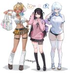  3girls ;d ? absurdres backpack bag bandaid bandaid_on_leg black_boots black_ribbon black_skirt blonde_hair blue_buruma blue_eyes blue_hair blush boots bow bracelet breasts brown_shoes brown_skirt buruma cleavage commentary crop_top cropped_shirt dark-skinned_female dark_skin fang front-tie_top full_body gradient_hair gyaru gym_uniform hair_between_eyes hair_bow hair_ornament hair_over_one_eye hairclip hands_up heart highres jewelry knee_boots kneehighs large_breasts long_hair long_sleeves looking_at_viewer medium_hair midriff miniskirt multicolored_hair multiple_girls multiple_thigh_straps navel neck_ribbon one_eye_closed open_mouth original parted_lips pink_hair pink_sweater plaid_clothes plaid_skirt pleated_skirt polka_dot polka_dot_bow ponytail purple_eyes purple_hair red_bow renberry77 ribbon school_bag school_uniform shirt shoes short_sleeves simple_background skin_fang skindentation skirt smile socks spoken_question_mark standing sweat sweater thigh_strap thighhighs twitter_username two-tone_hair two_side_up white_background white_bow white_shirt white_shoes white_socks white_thighhighs wing_collar wing_hair_ornament x_hair_ornament yellow_bow yellow_eyes 